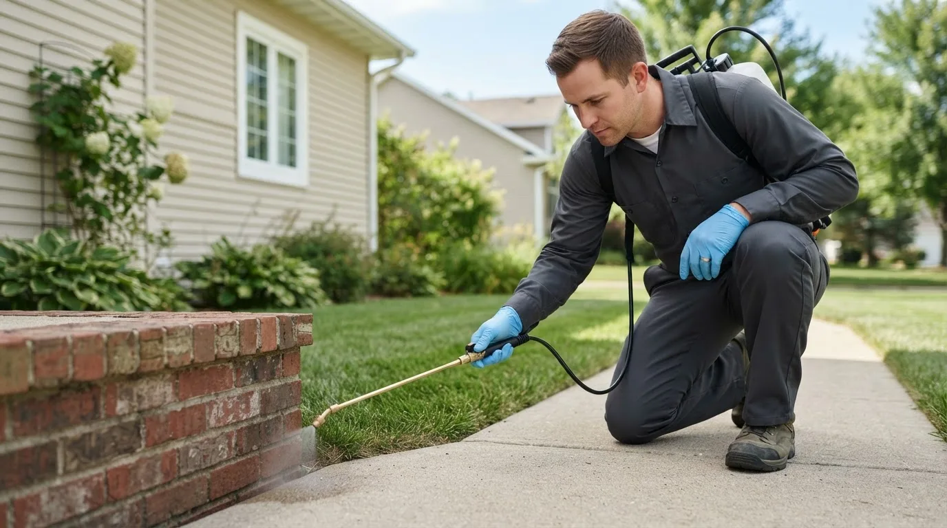 Pest control technician treating a home near Edelstein, IL