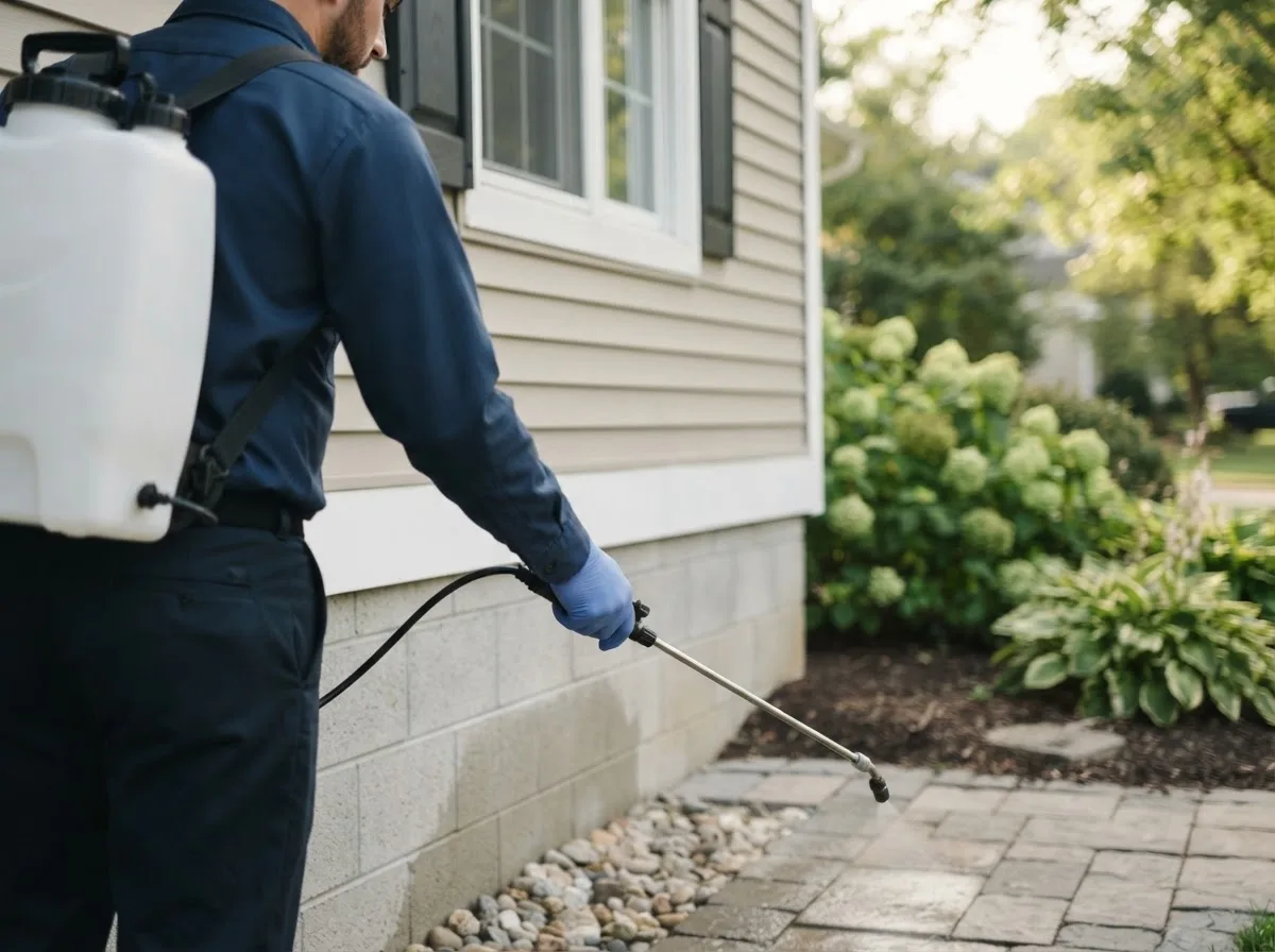 Pest control technician inspecting a home in Edelstein, IL